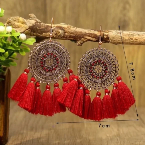 🌵 Boho Red Vintage Style Tassel Earrings - Picture 3 of 3